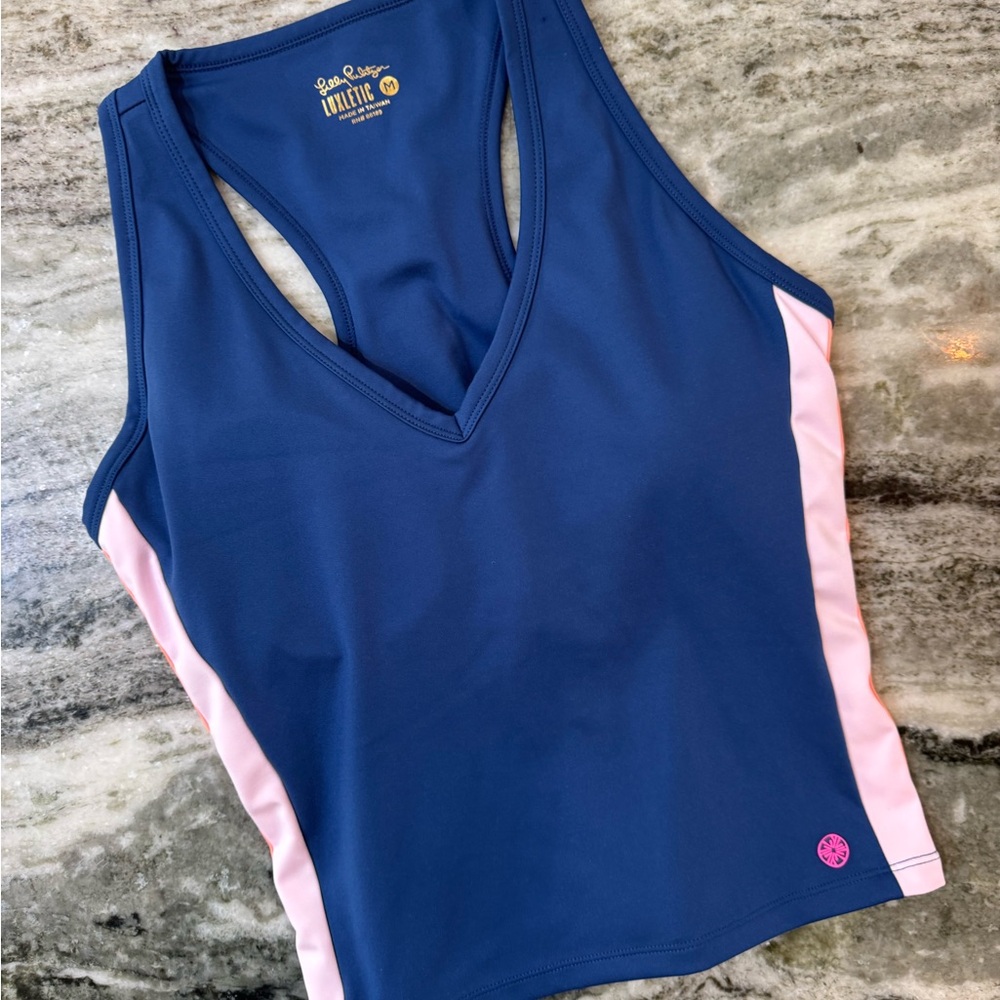 Lilly Pulitzer Luxletic Vanti Bra Tank Top Blue with Pink and Orange Stripes - Picture 3 of 8